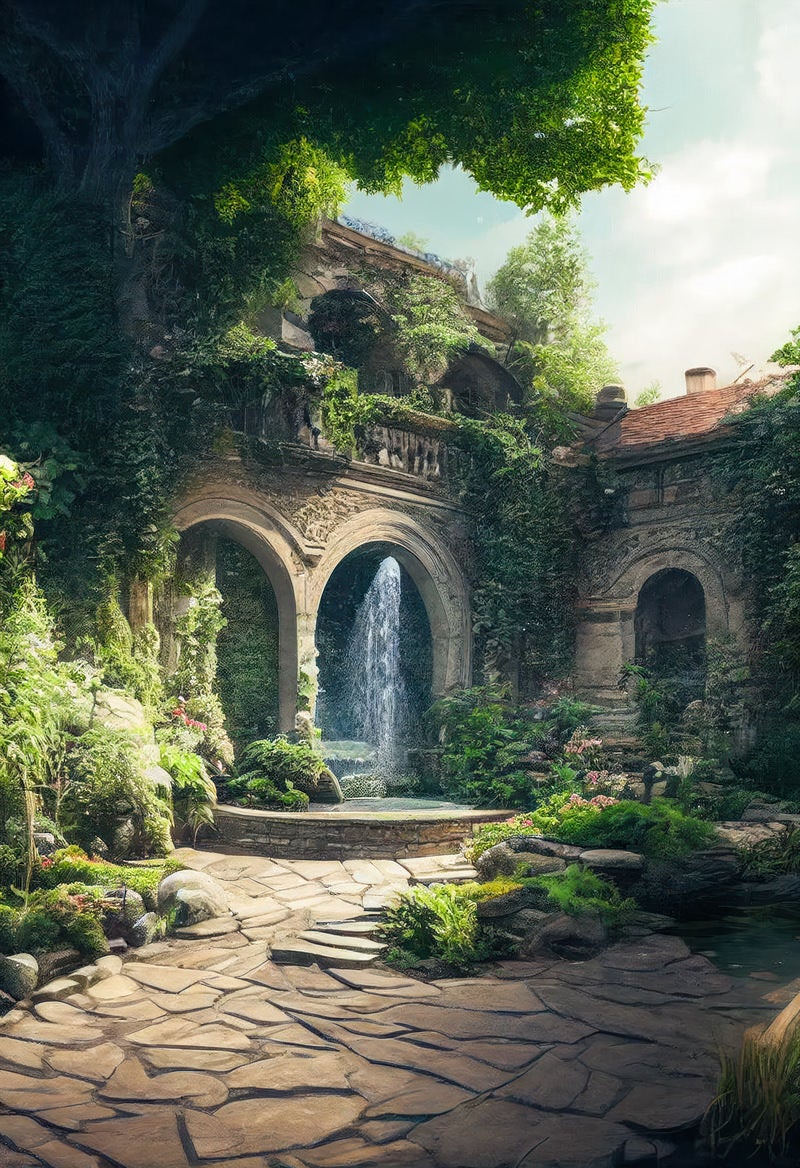 「噴水と西洋建築の中庭」の写真
