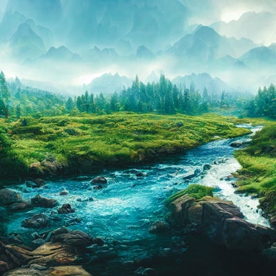 山々の影と自然の小川の写真