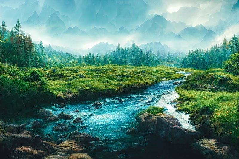 山々の影と自然の小川の写真