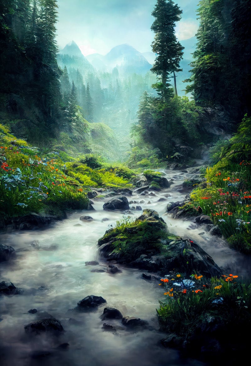 「花が咲く渓流」の写真