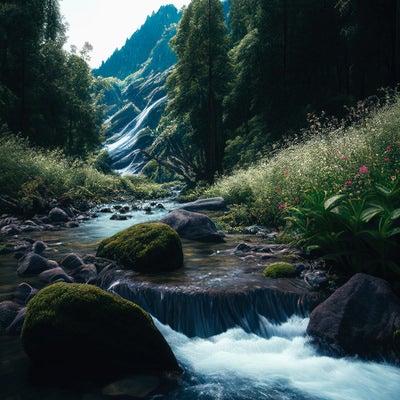 大自然の中ながれる渓谷と川の写真