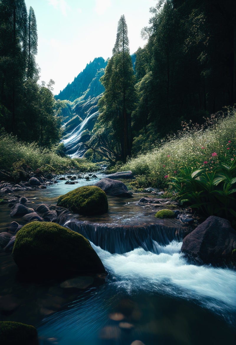 大自然の中ながれる渓谷と川の写真