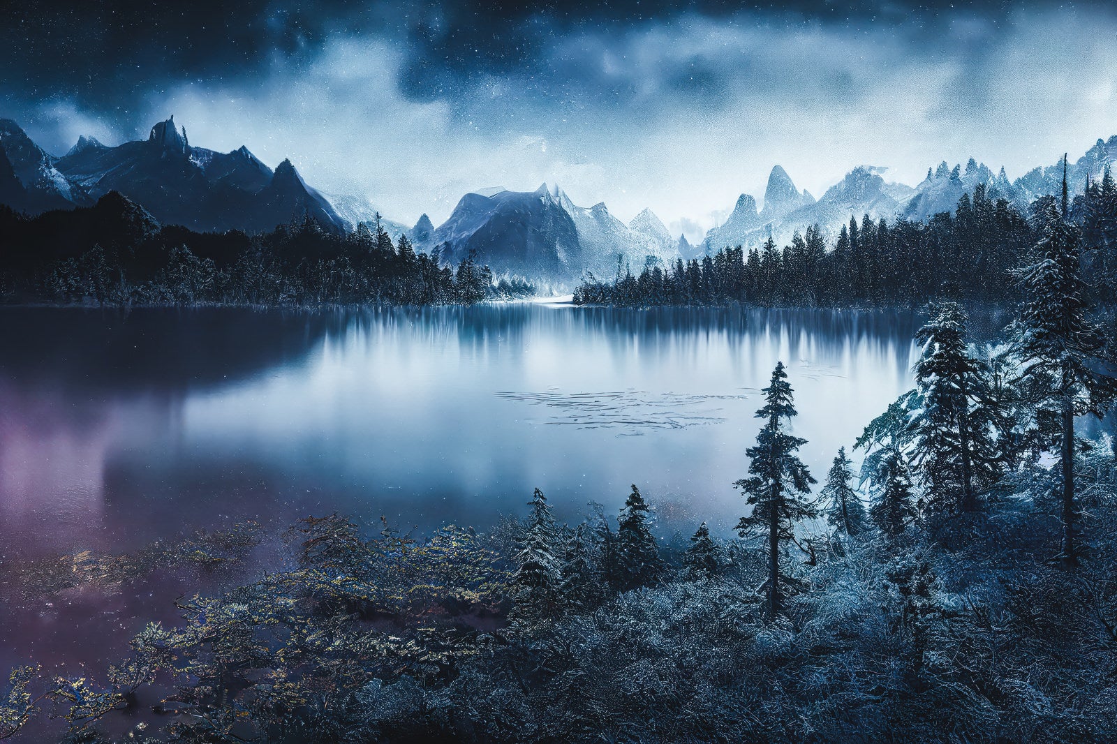 「雪化粧の美しさを彩る凍った湖面」の写真