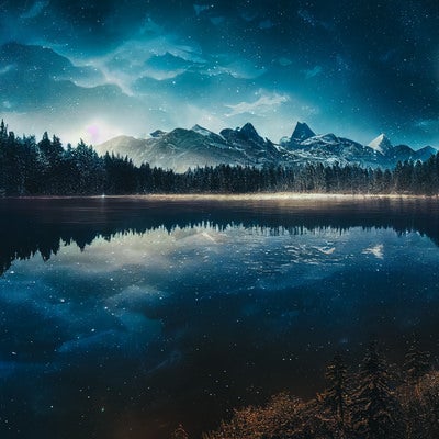 月明りと満天の星空を映す湖面の写真