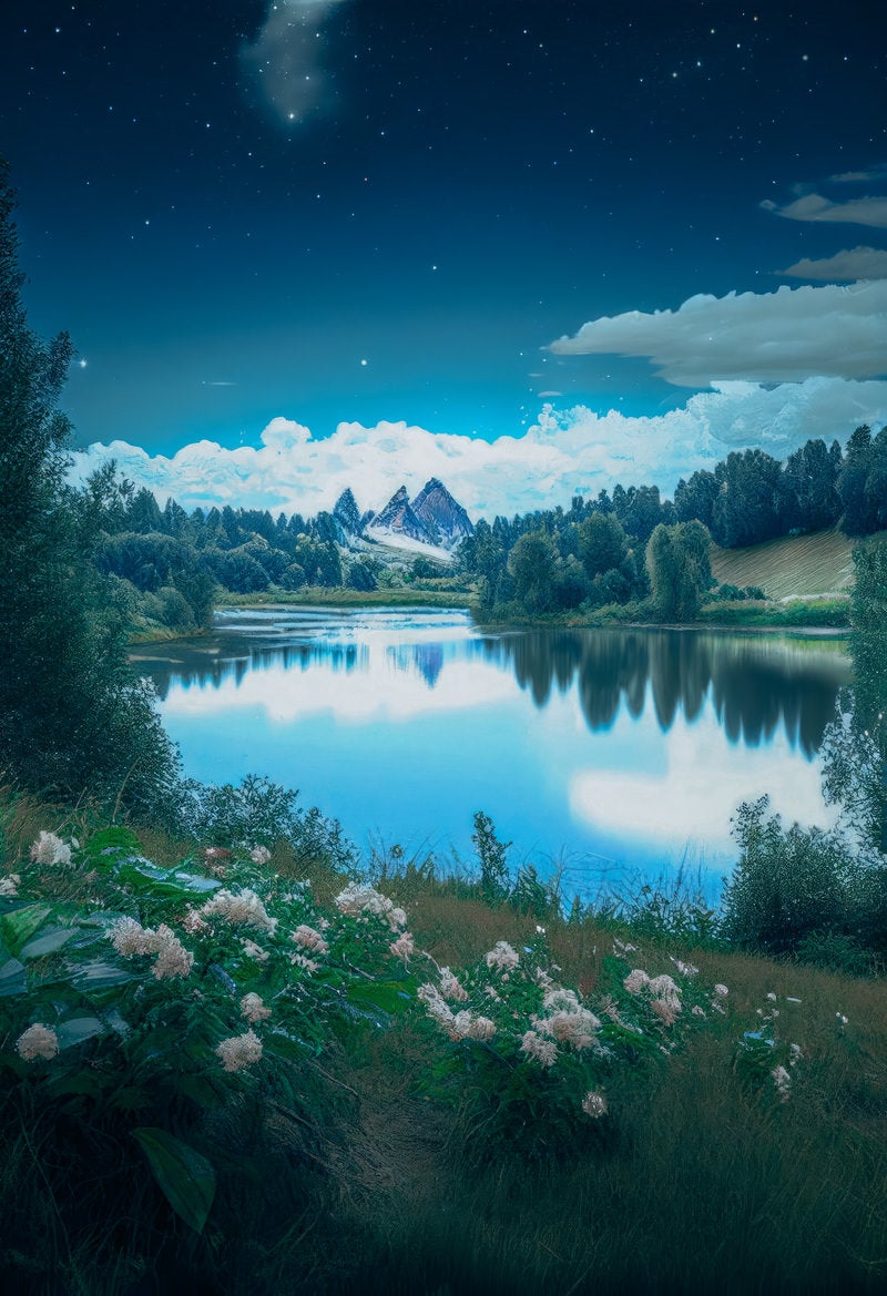 「湖畔の音色と山の調和」の写真
