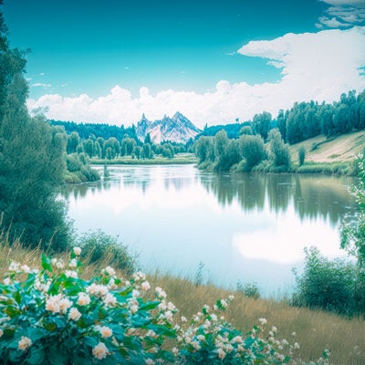 湖畔の風景を彩る花たちの写真
