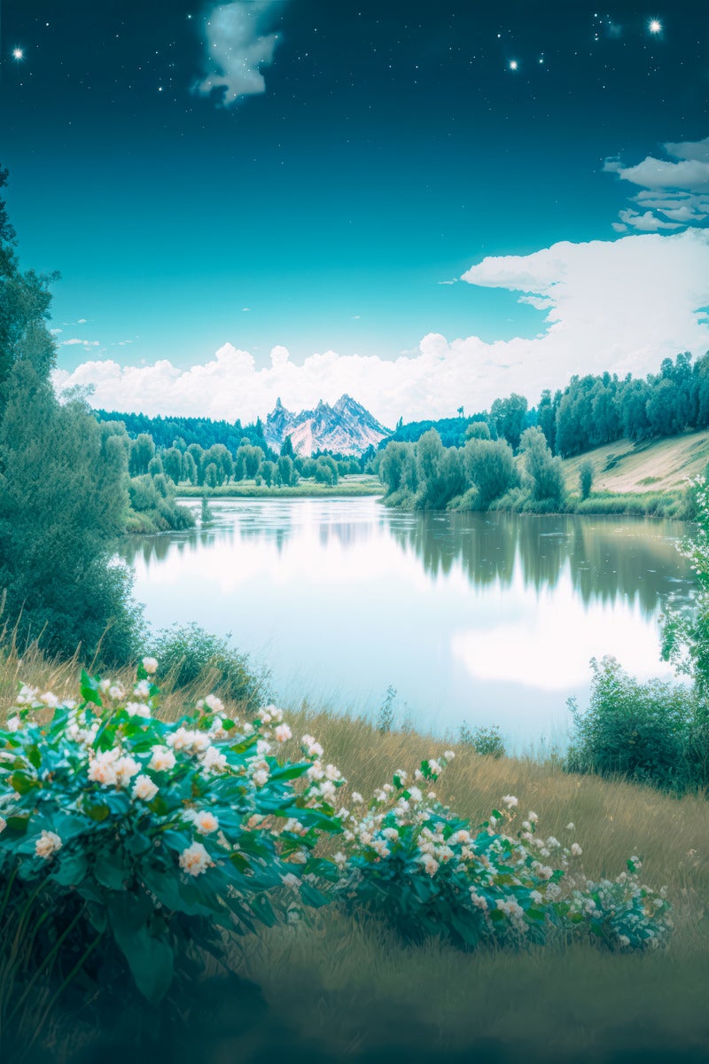 「湖畔の風景を彩る花たち」の写真