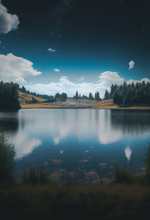 湖面に浮かぶ雲と消えかかる星の写真