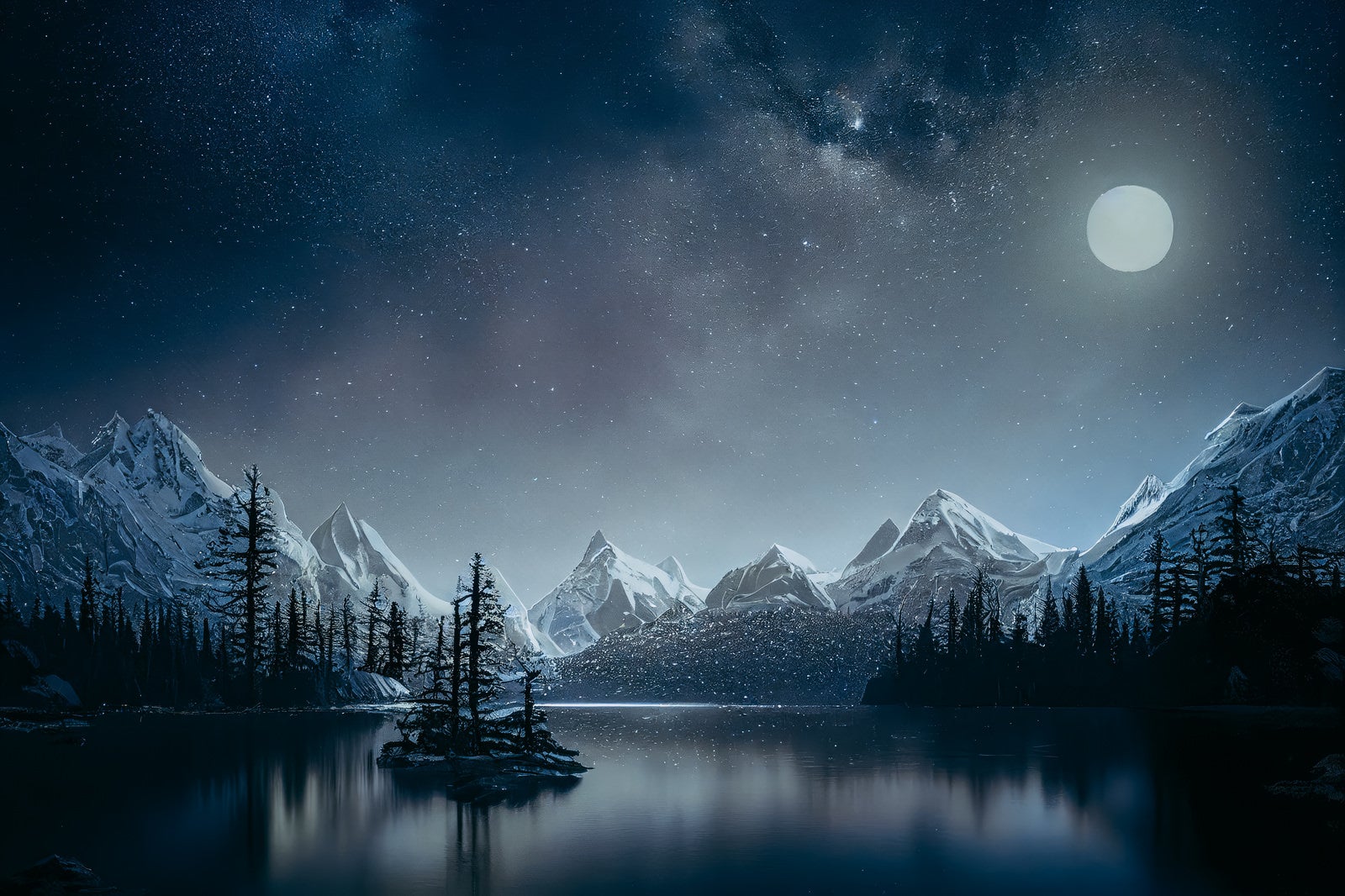 「湖畔の静寂を映し出す月明り」の写真