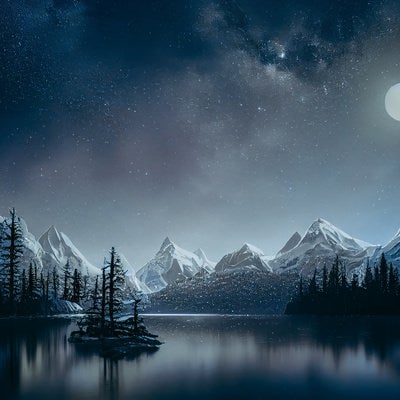 湖畔の静寂を映し出す月明りの写真