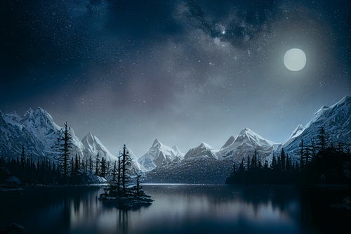 湖畔の静寂を映し出す月明りの写真