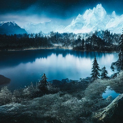 雪山と静寂な湖の写真