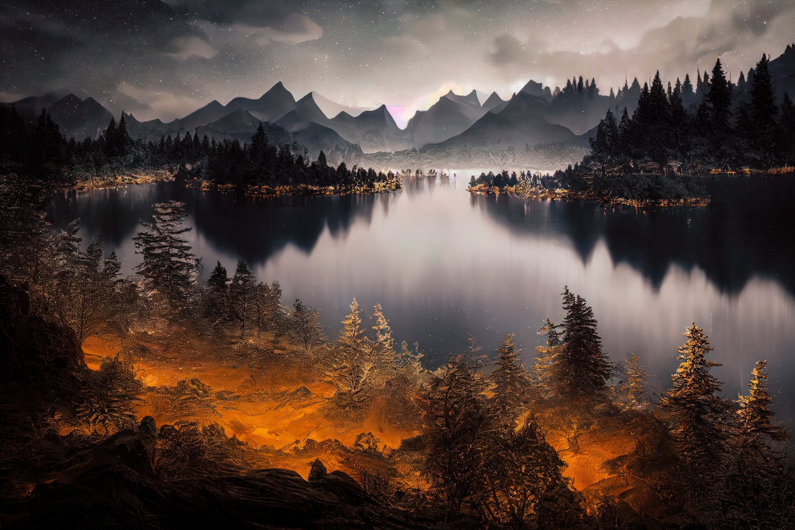 「光る森と暮れ始めた湖畔」の写真