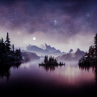 星空きらめく湖と山々のシルエットの写真