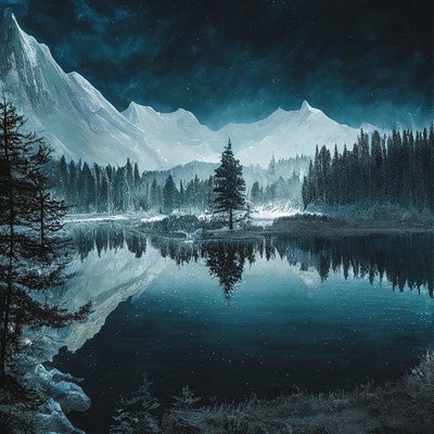 雪山と反射する水鏡の一本杉の写真