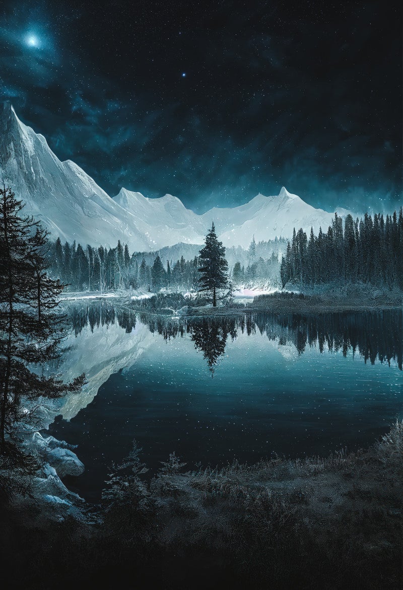 「雪山と反射する水鏡の一本杉」の写真