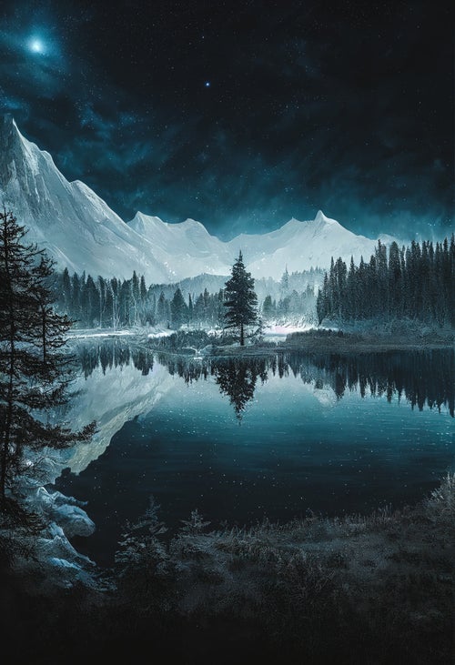 雪山と反射する水鏡の一本杉の写真