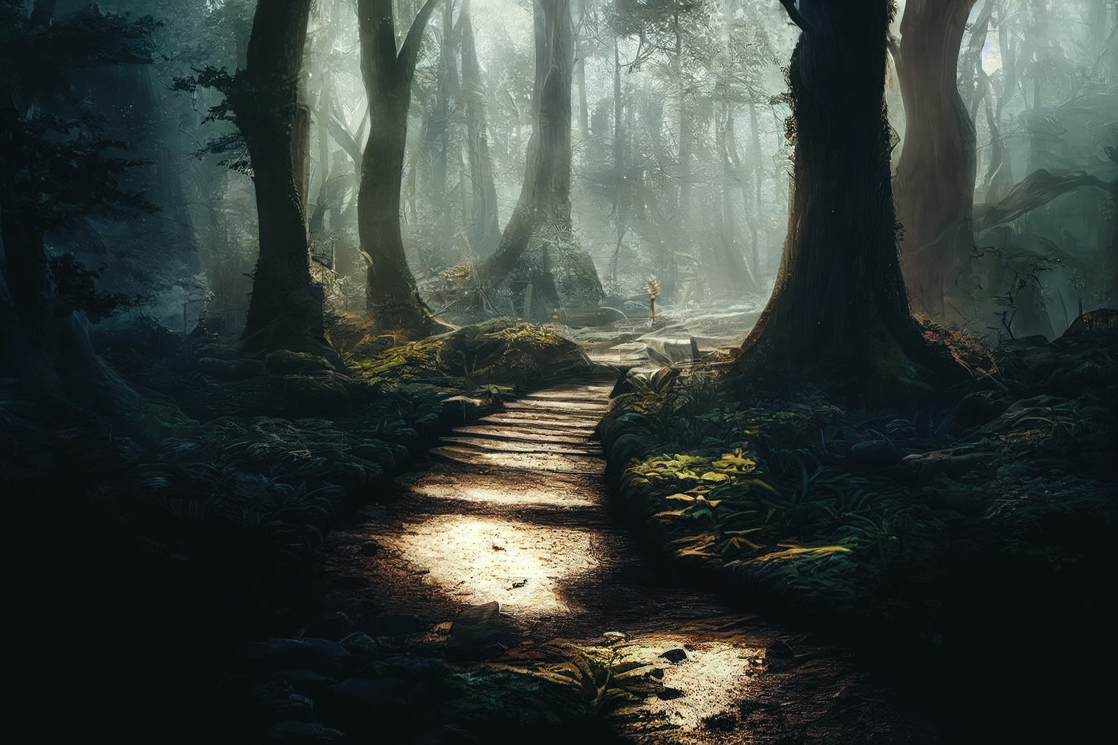 「霧の中に進む森の小道」の写真