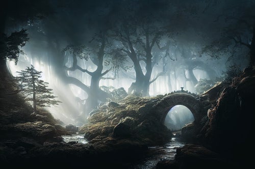 アーチ状の短い橋と光輝く霧の写真