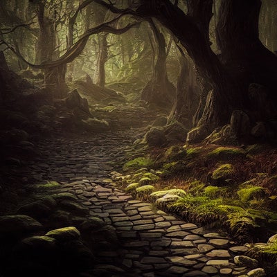 薄暗い森の小道の写真