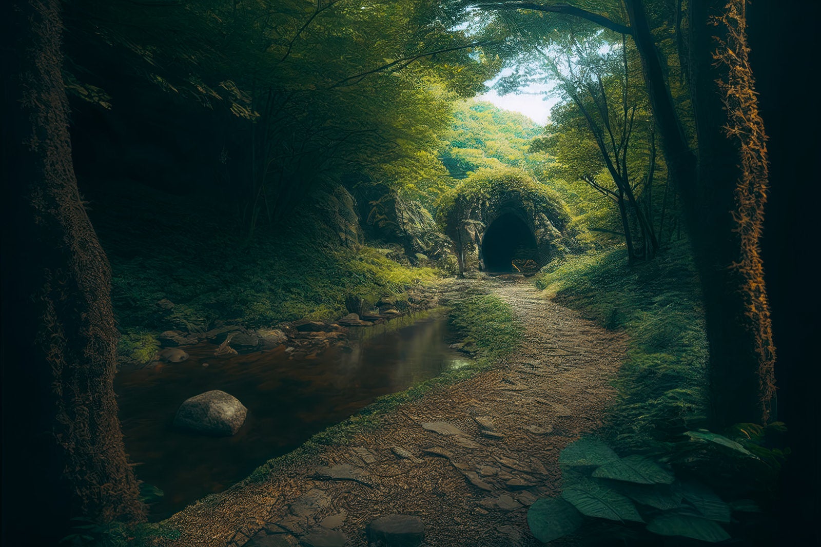 「トンネルへと続く山道と小川」の写真