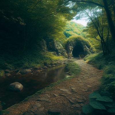 トンネルへと続く山道と小川の写真