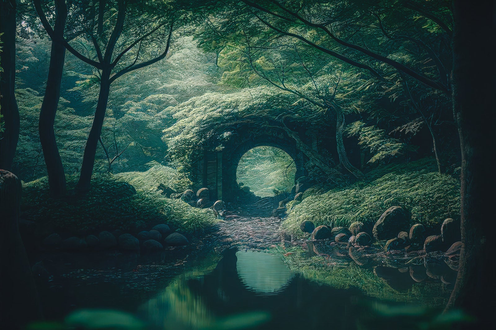 「泉に反射するトンネル」の写真