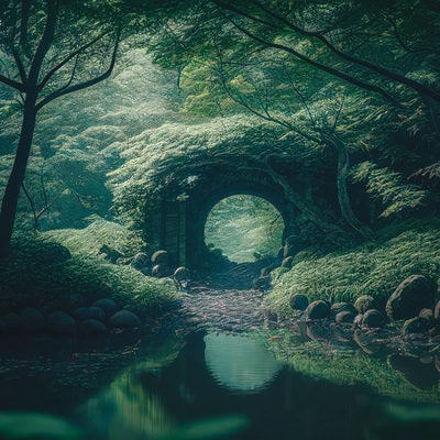 泉に反射するトンネルの写真