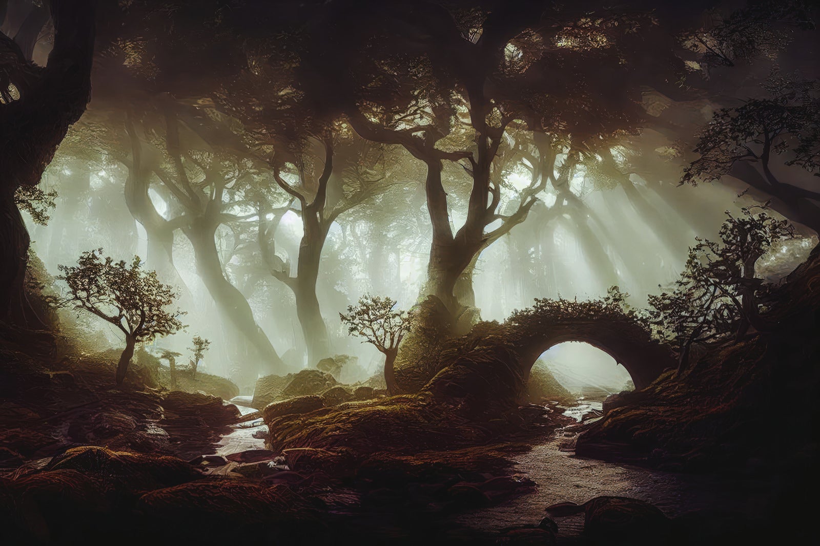 「木漏れ日が霧に反射する森の様子」の写真