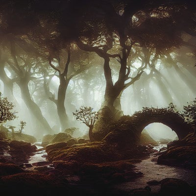 木漏れ日が霧に反射する森の様子の写真