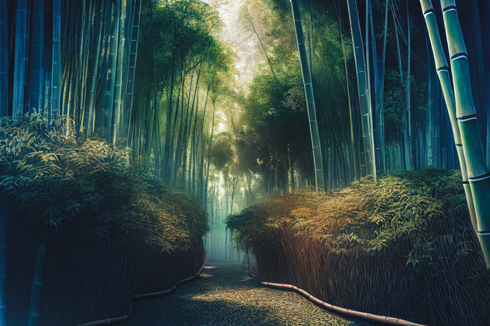 「木漏れ日と竹林の道」の写真