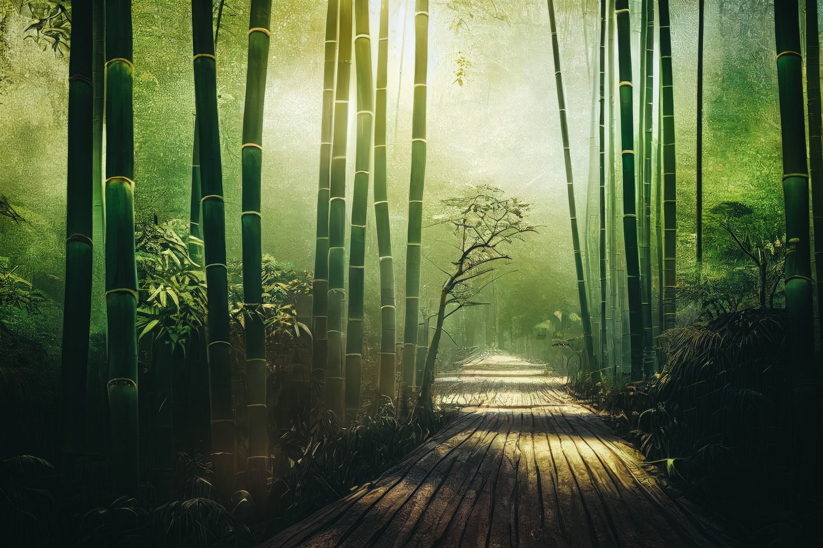 「竹林に誘う木道」の写真