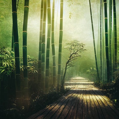 竹林に誘う木道の写真