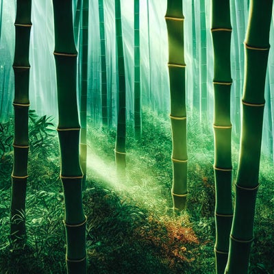 光が差し込む竹林の写真