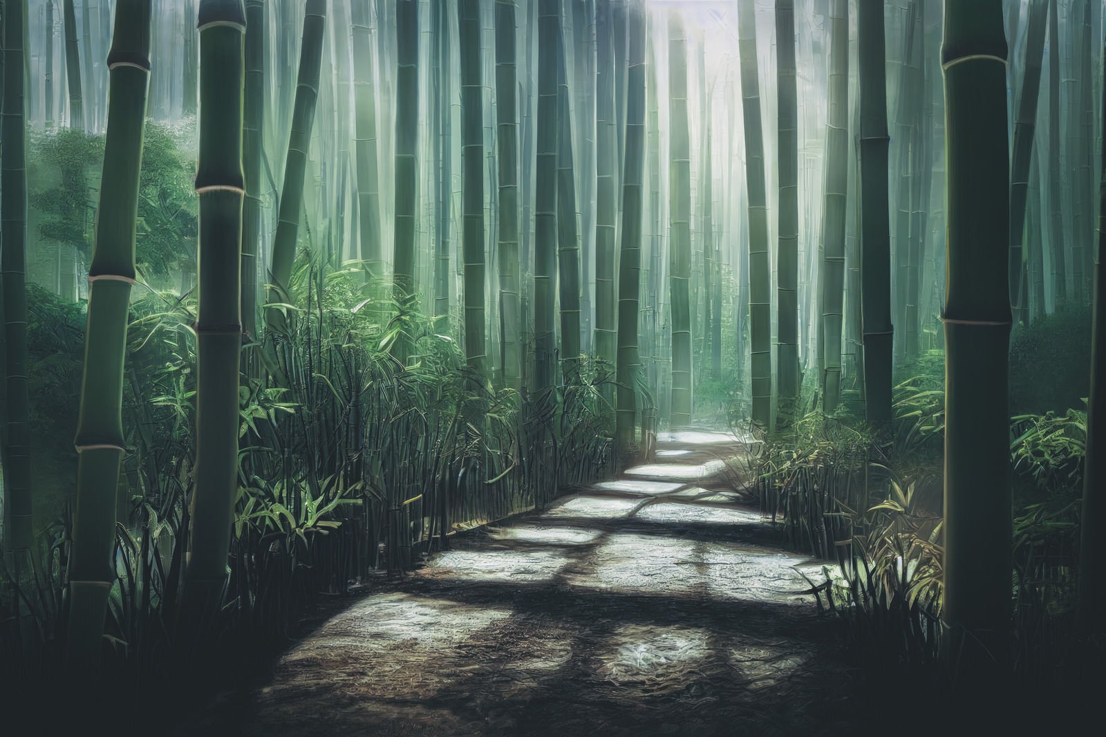 「小道に伸びる竹林の影」の写真