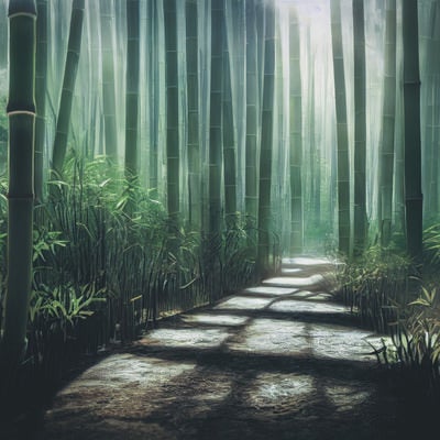 小道に伸びる竹林の影の写真
