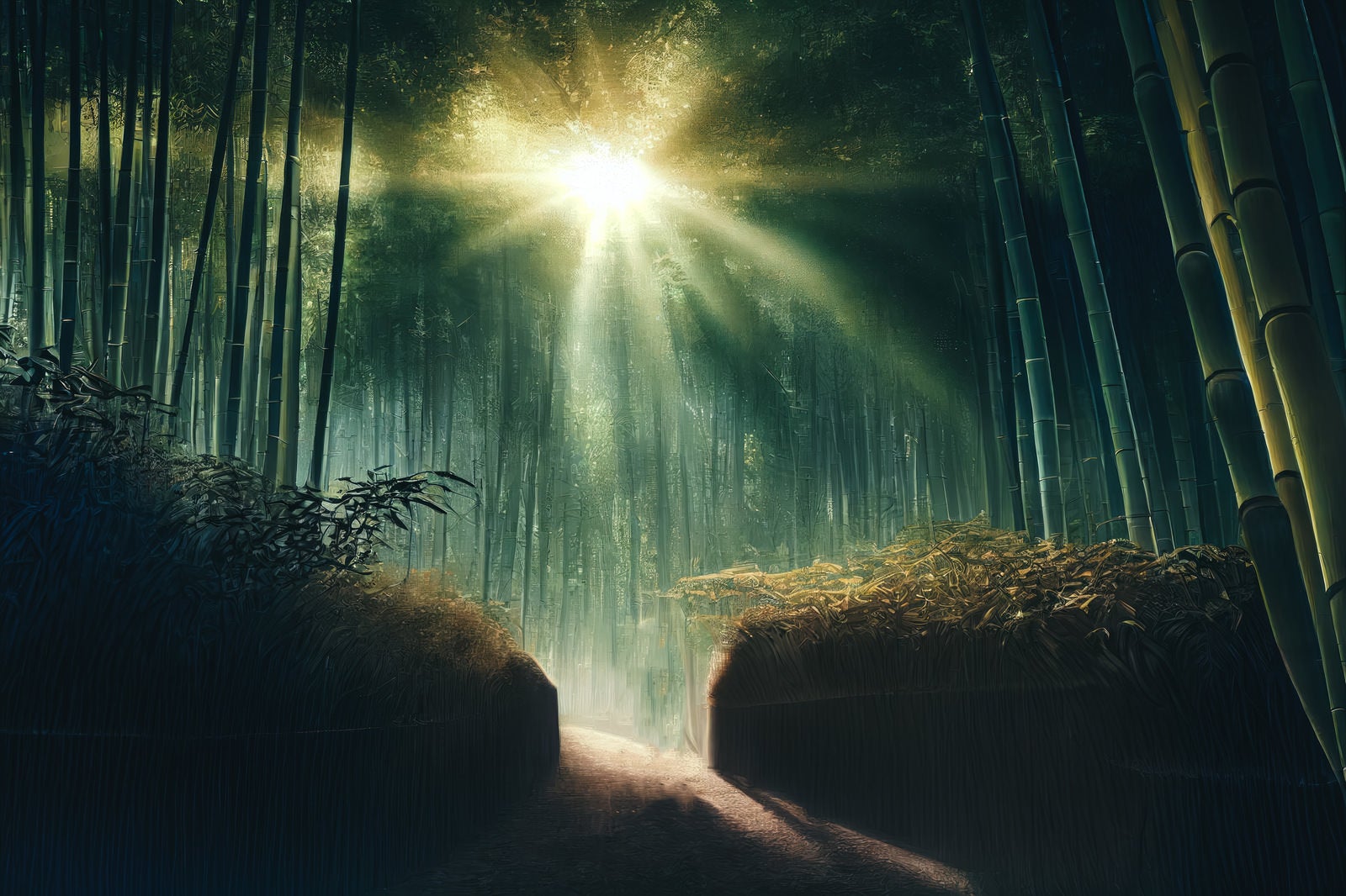 「木漏れ日の光と竹やぶ」の写真