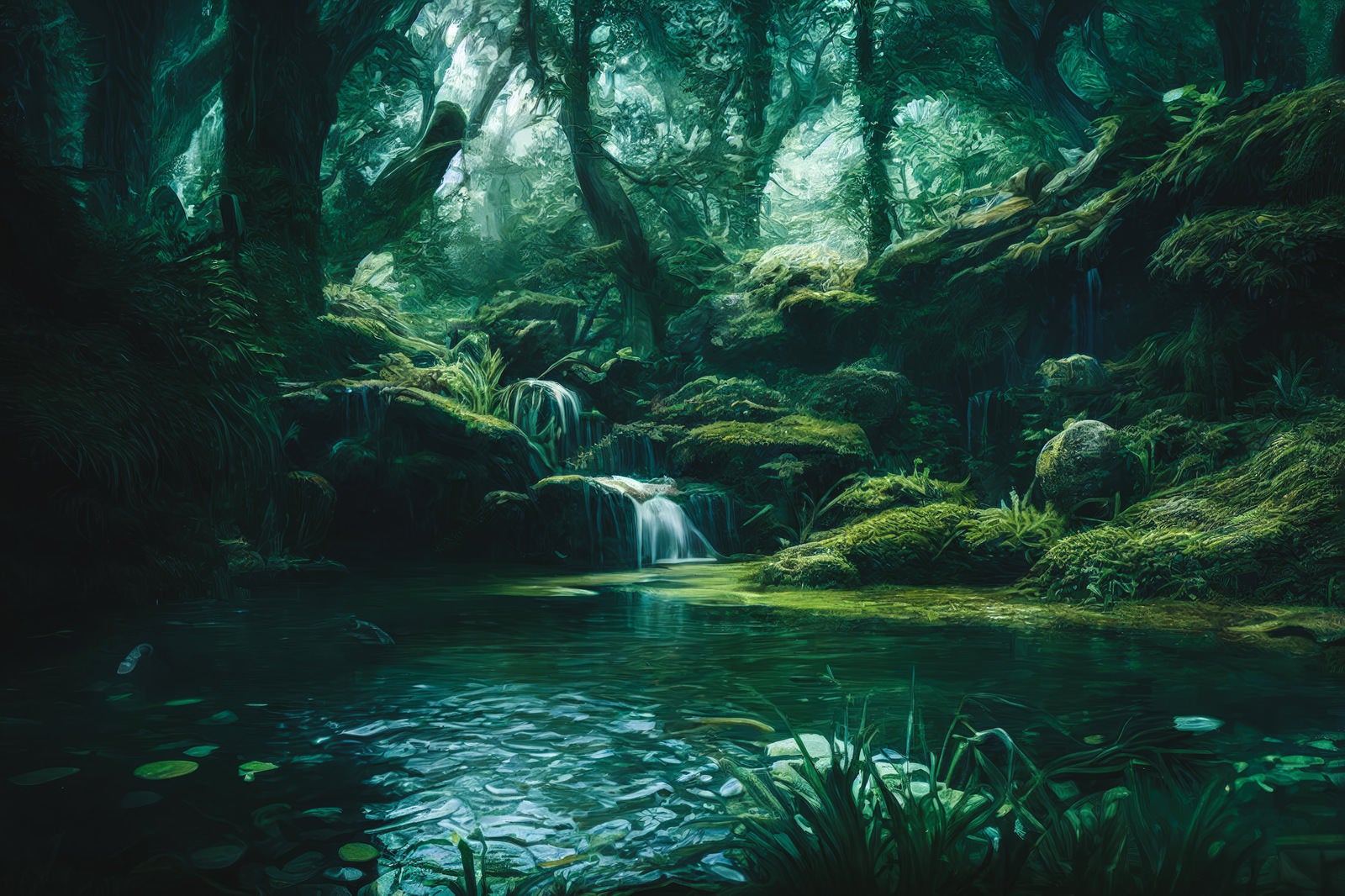 「深い森にできた池」の写真