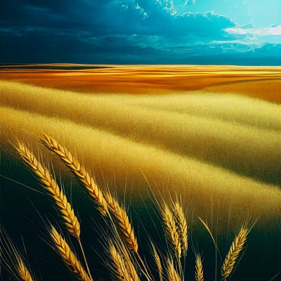小麦の穂とどこまでも続く空とコムギ畑の写真