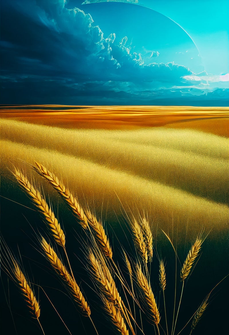 「小麦の穂とどこまでも続く空とコムギ畑」の写真