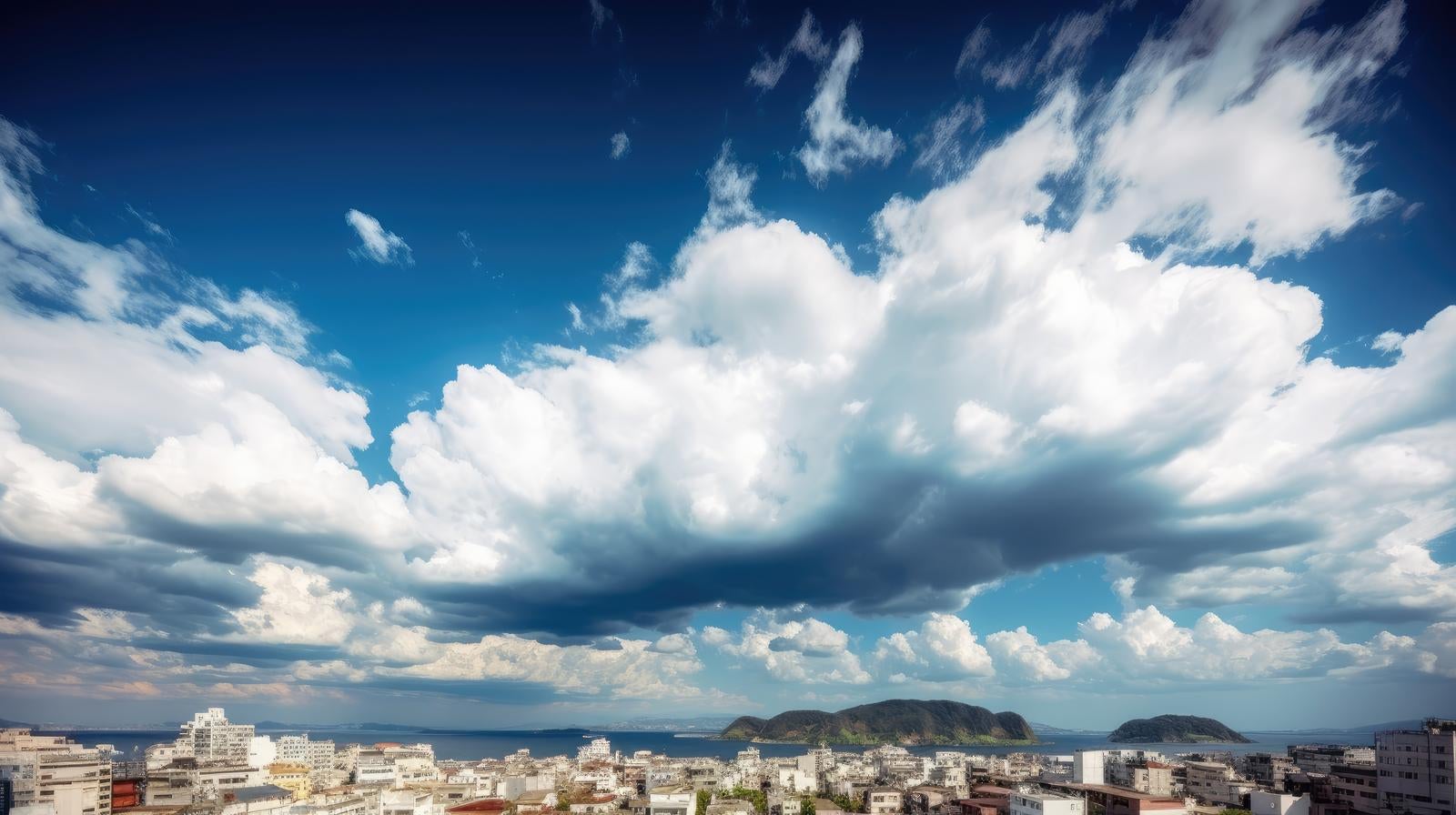 「海沿いの街と大きな雲」の写真