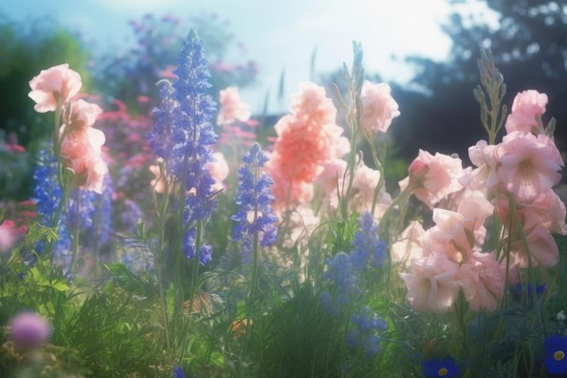 明るくふわふわな光と花壇の写真