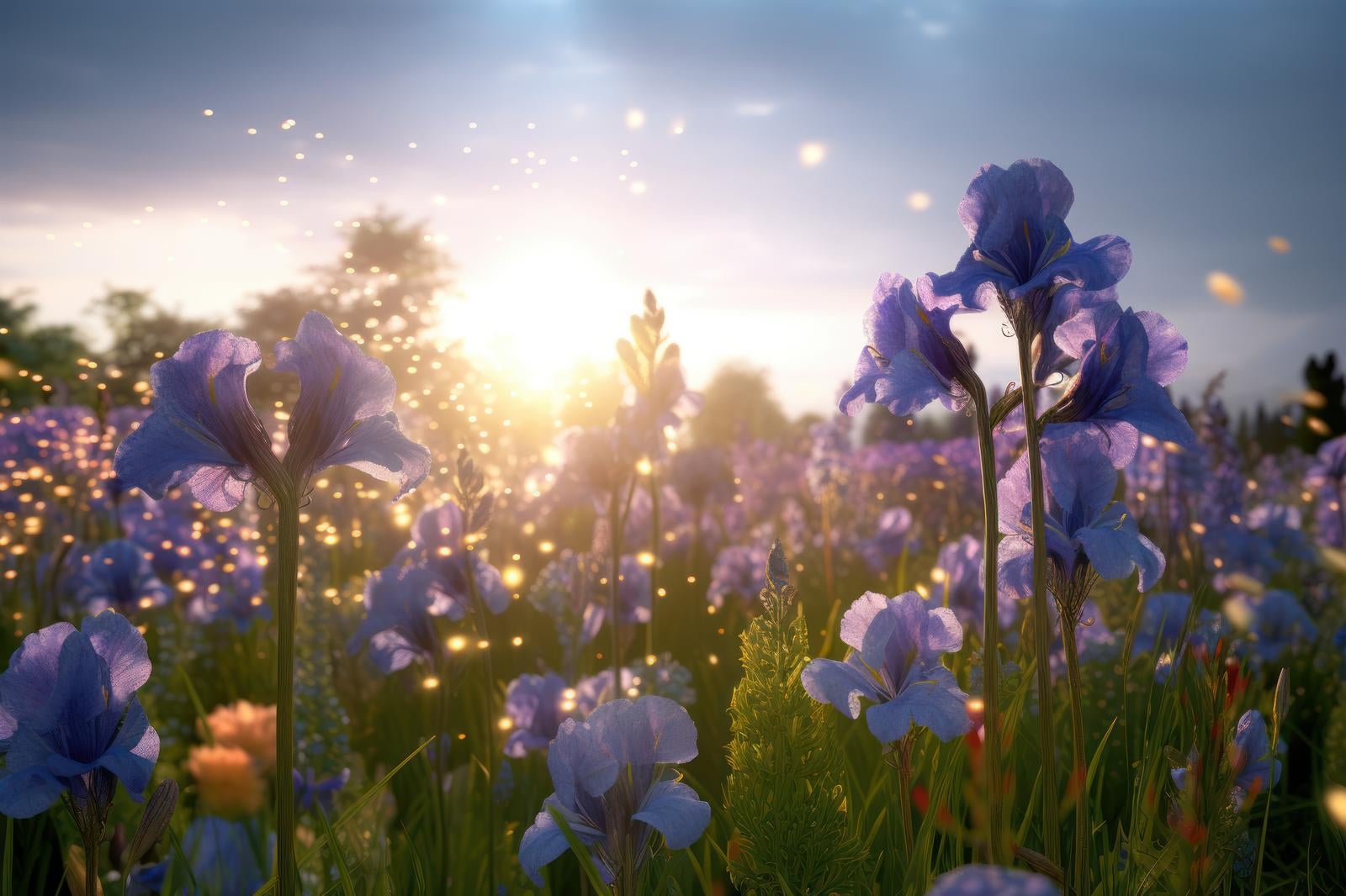 「夕焼けとの光がそそがれる花々」の写真