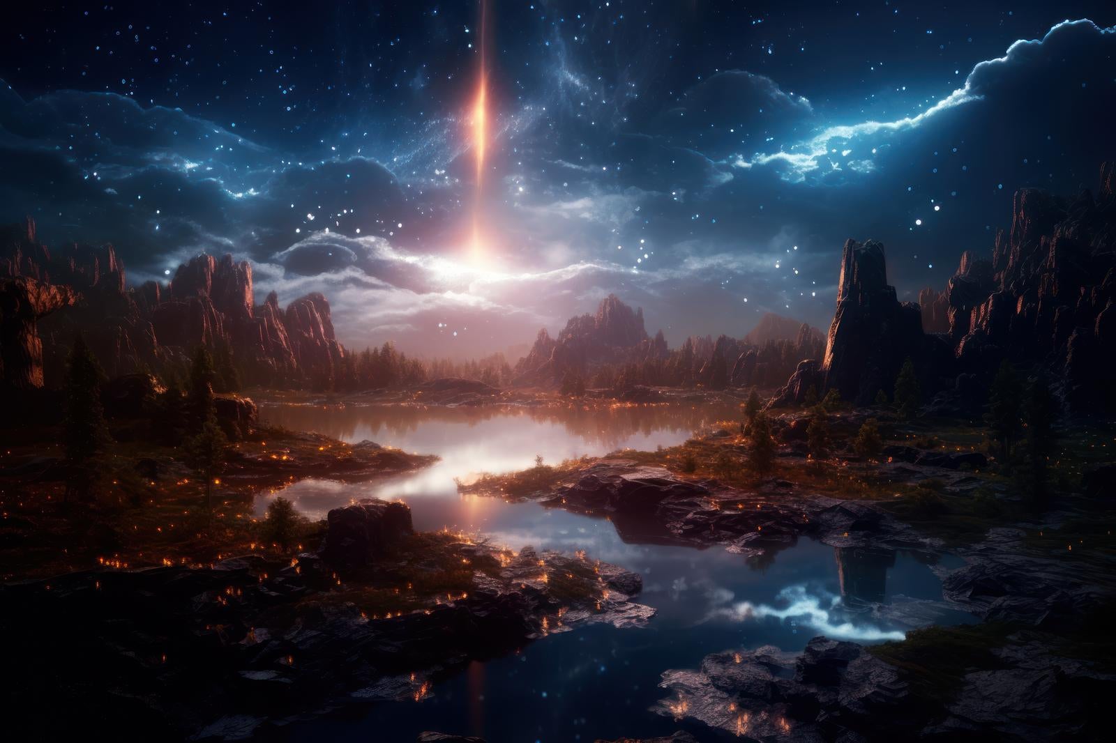 「惑星と魔法が交差するファンタジーの美しいアート」の写真