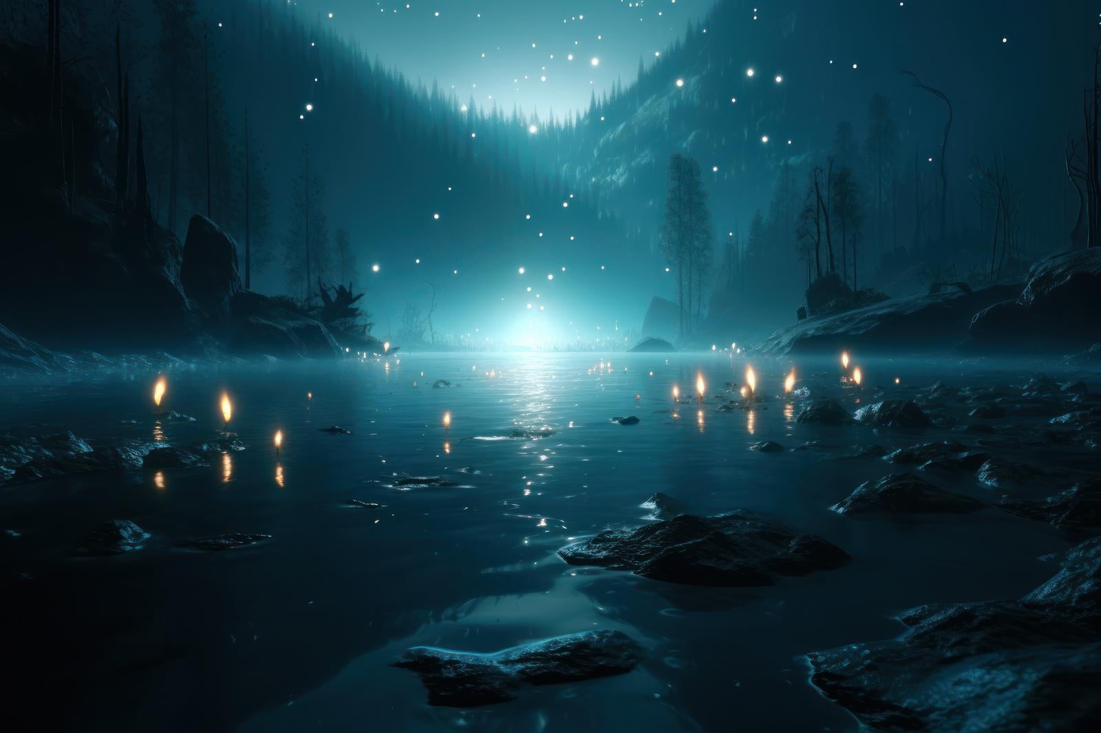 「静寂な夜に囁く湖面に揺れる灯火」の写真