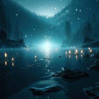 静寂な夜に囁く湖面に揺れる灯火の写真