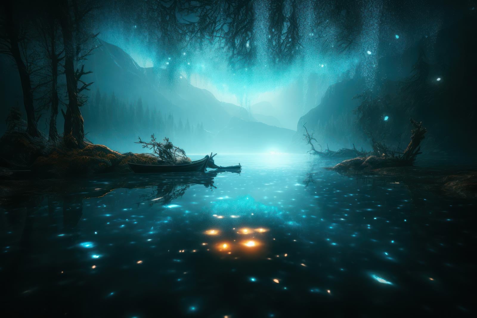 「浮かび上がる湖面の光と異世界への旅」の写真