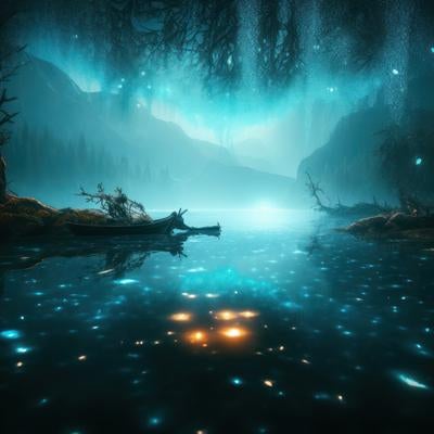 浮かび上がる湖面の光と異世界への旅の写真