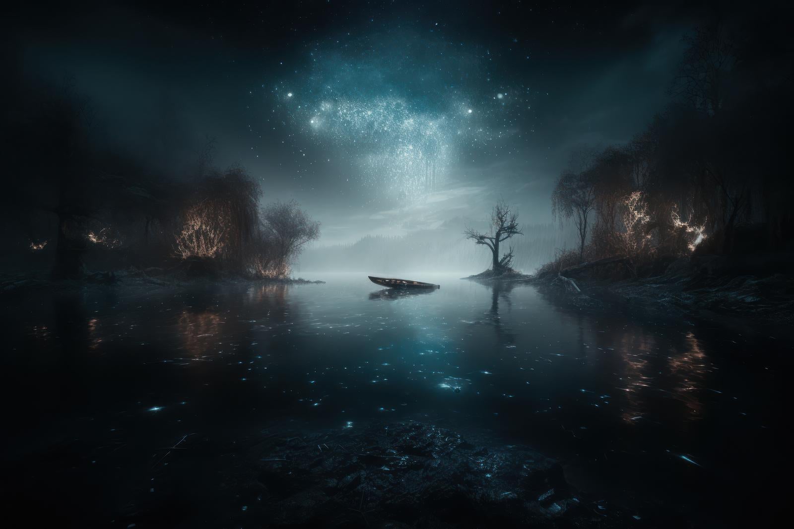 「暗がりの湖面と不気味な小舟」の写真