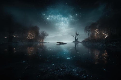 暗がりの湖面と不気味な小舟の写真